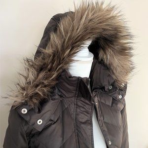 Brown Down Winter Coat with Faux Fur Removable Hood - Nine West